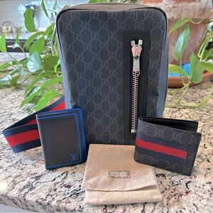 Men’s Gucci bag & matching Gucci wallet.  Additional Louis Vuitton wallet.